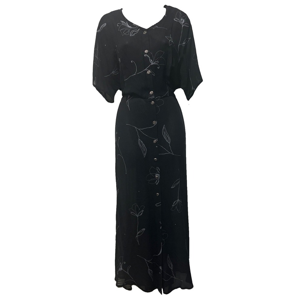 Vtg Jila Sheer Dress Womens S Black Floral Maxi Button Front 90s Romantic Grunge
